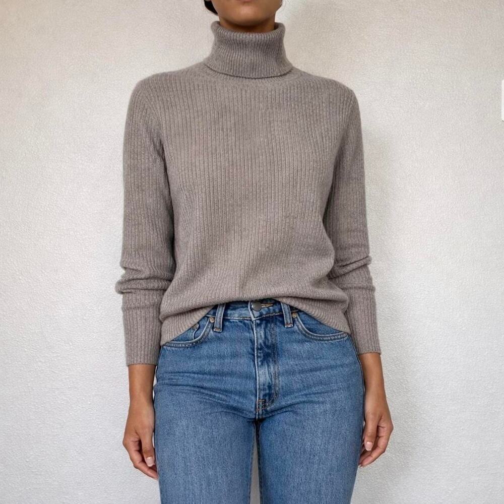 Vintage Italian 100% Cashmere Euro Taupe Grey Ribbed Turtleneck Sweater Size S